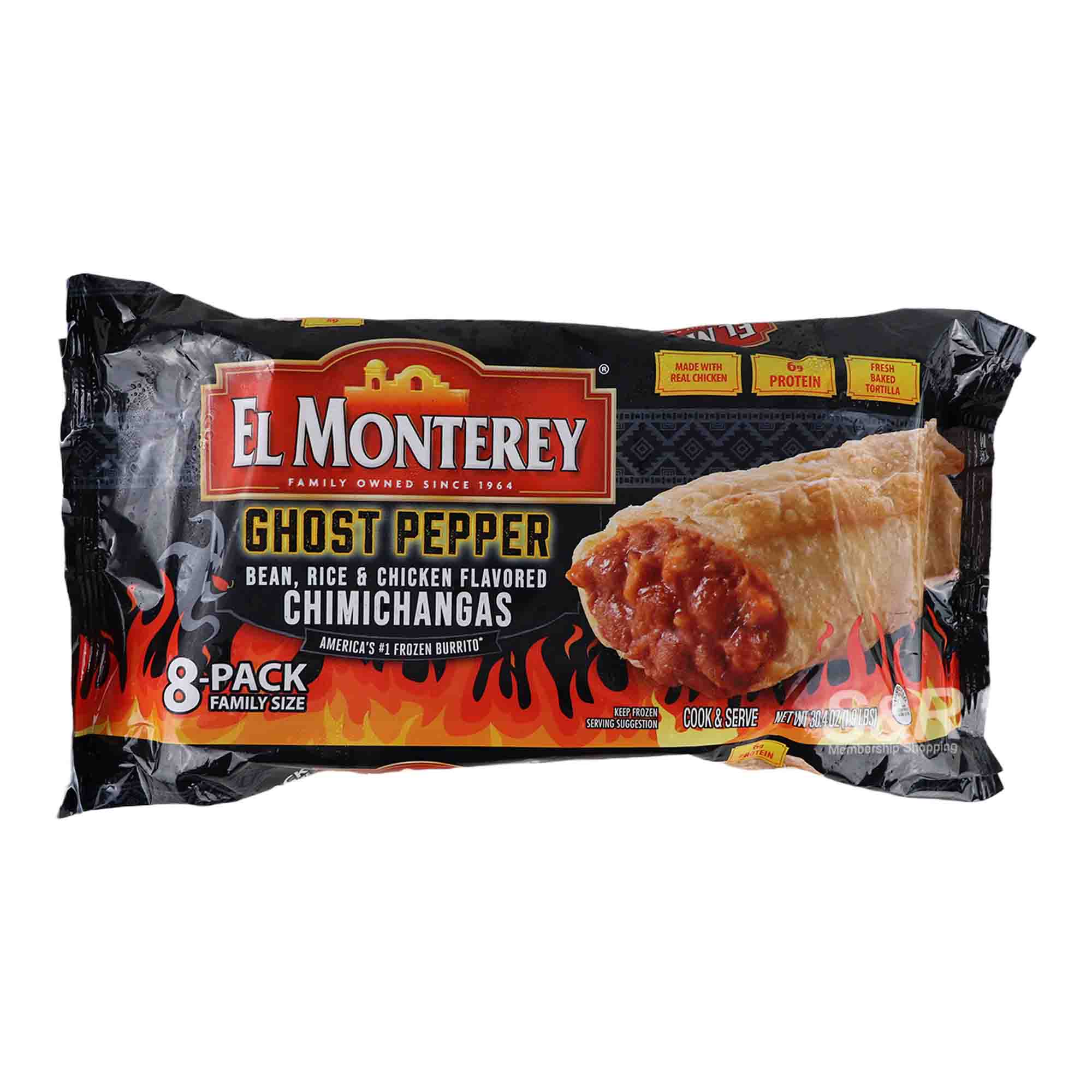 El Monterey Ghost Pepper Bean, Rice, & Chicken Chimichangas 864g