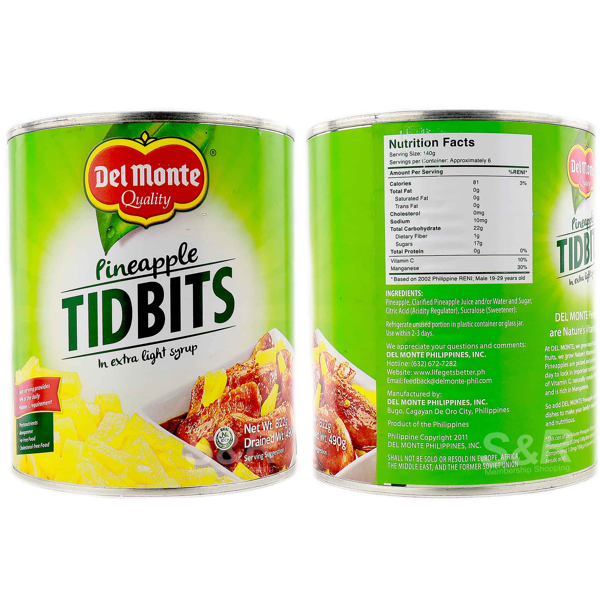 Del Monte Pineapple Tidbits in Extra Light Syrup 822g