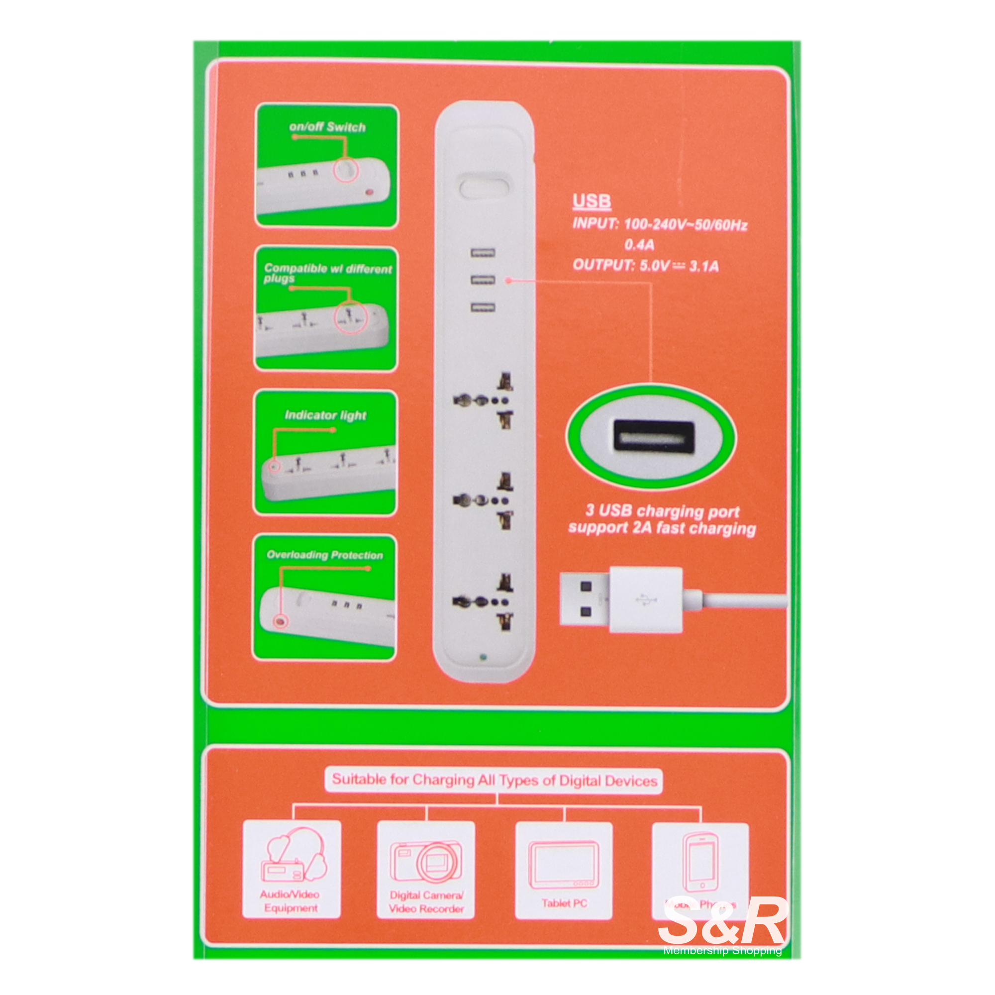 Omni 3Gang and 3 USB Port Extension Cord with Switch USB303 1pc