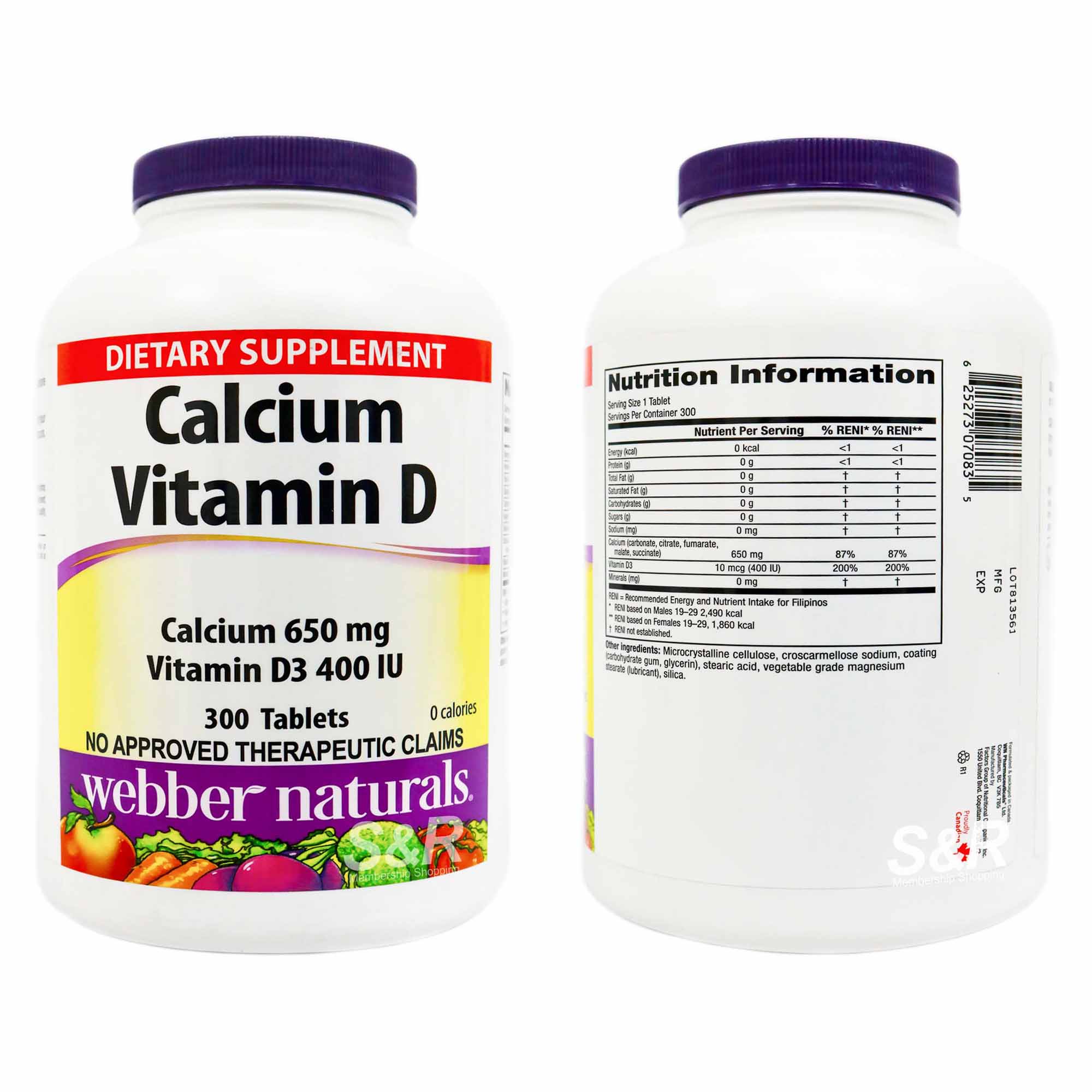 ber Naturals Calcium 650mg Vitamin D3 400 IU 300 tablets