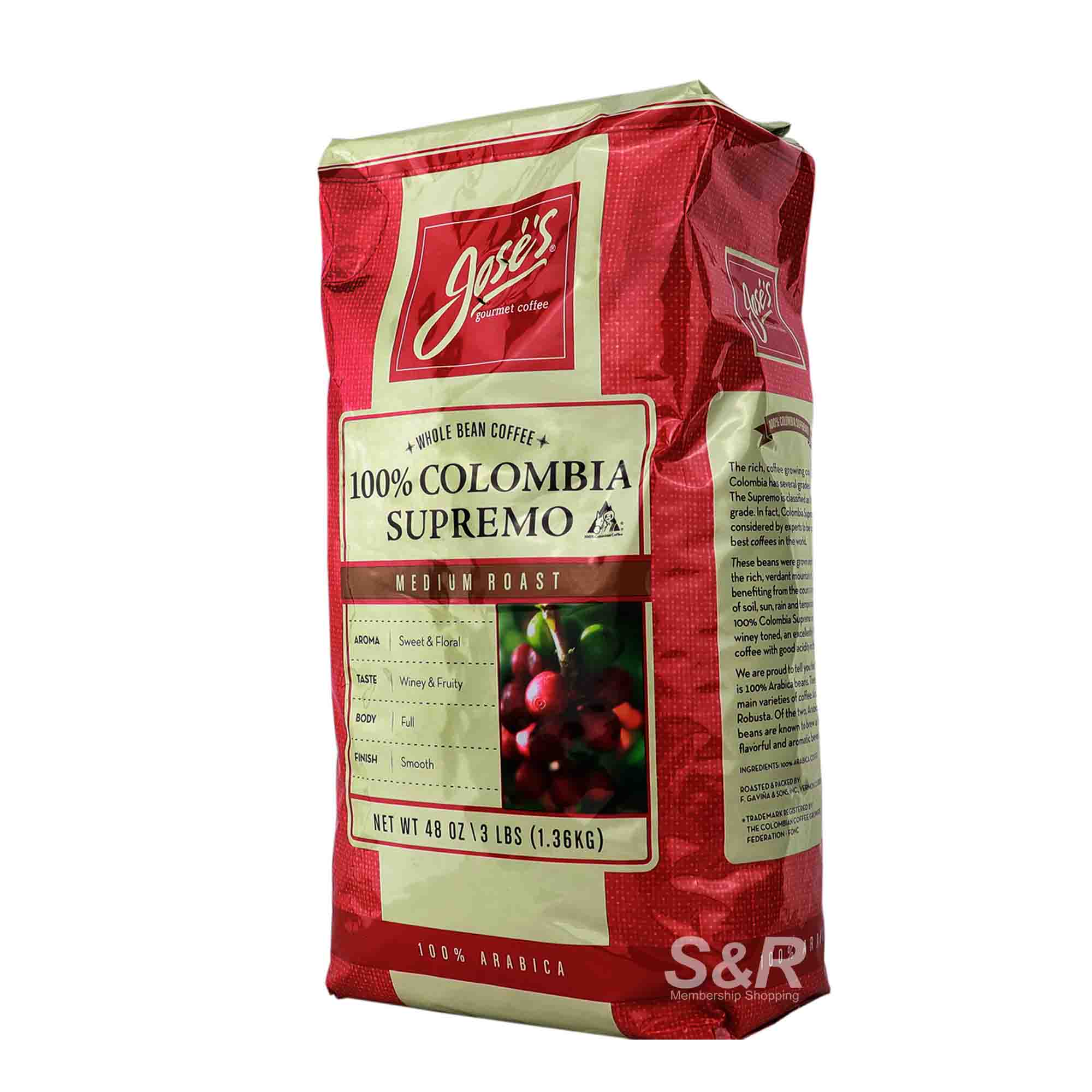 Jose's Gourmet Coffee Whole Bean 100 Colombia Supremo Medium Roast 1.36kg