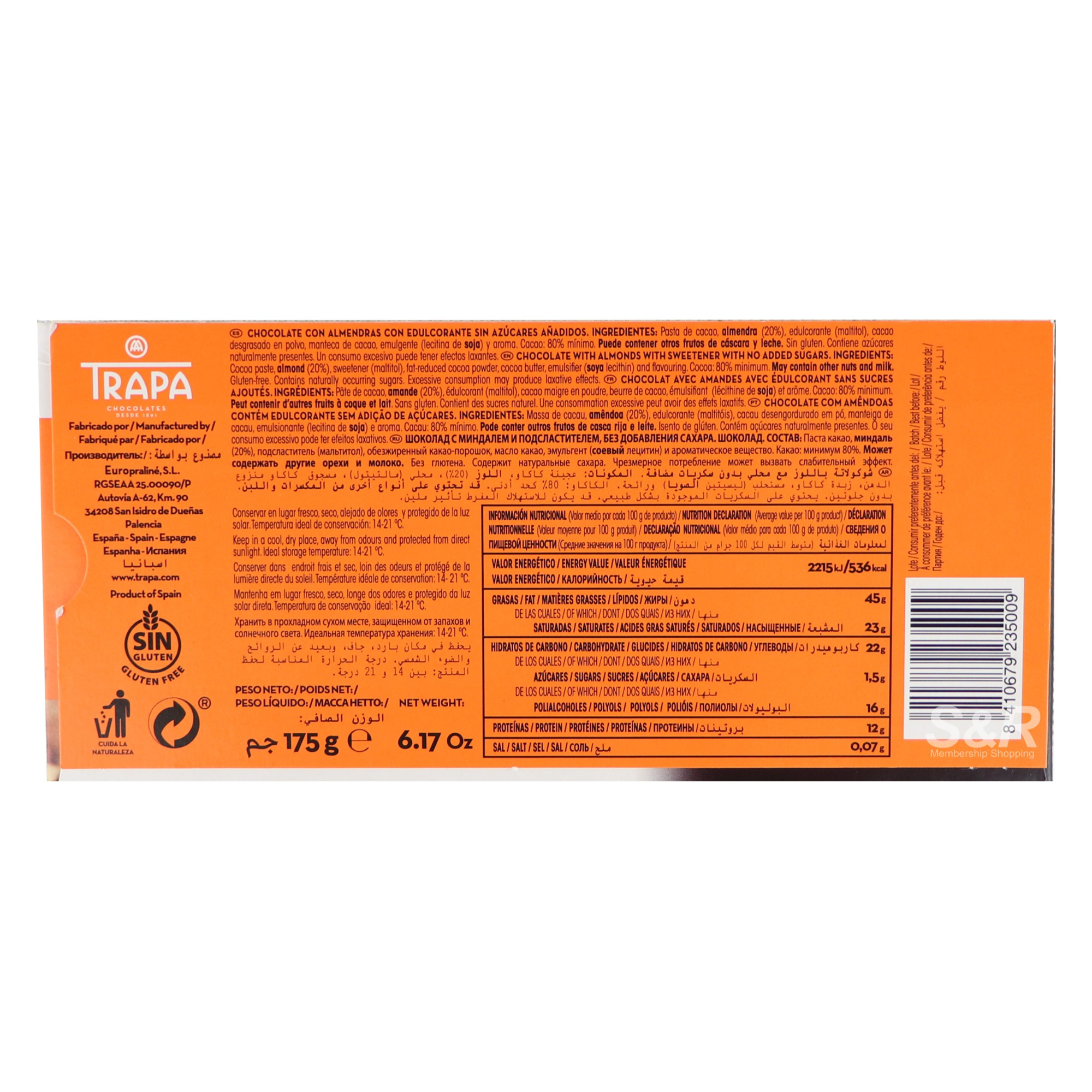 Trapa 0% Added Sugars 80% Noir Whole Almonds