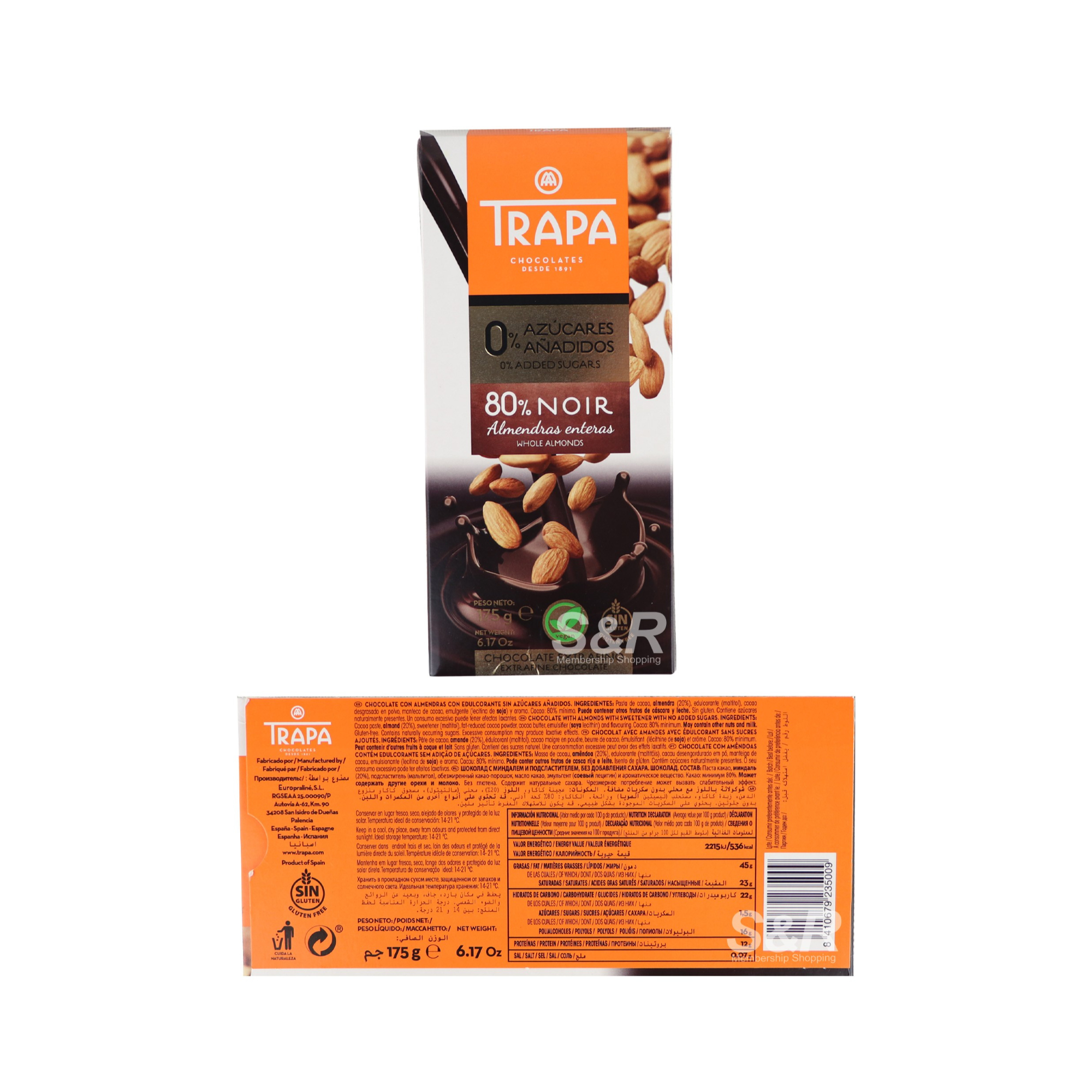 Trapa 0% Added Sugars 80% Noir Whole Almonds