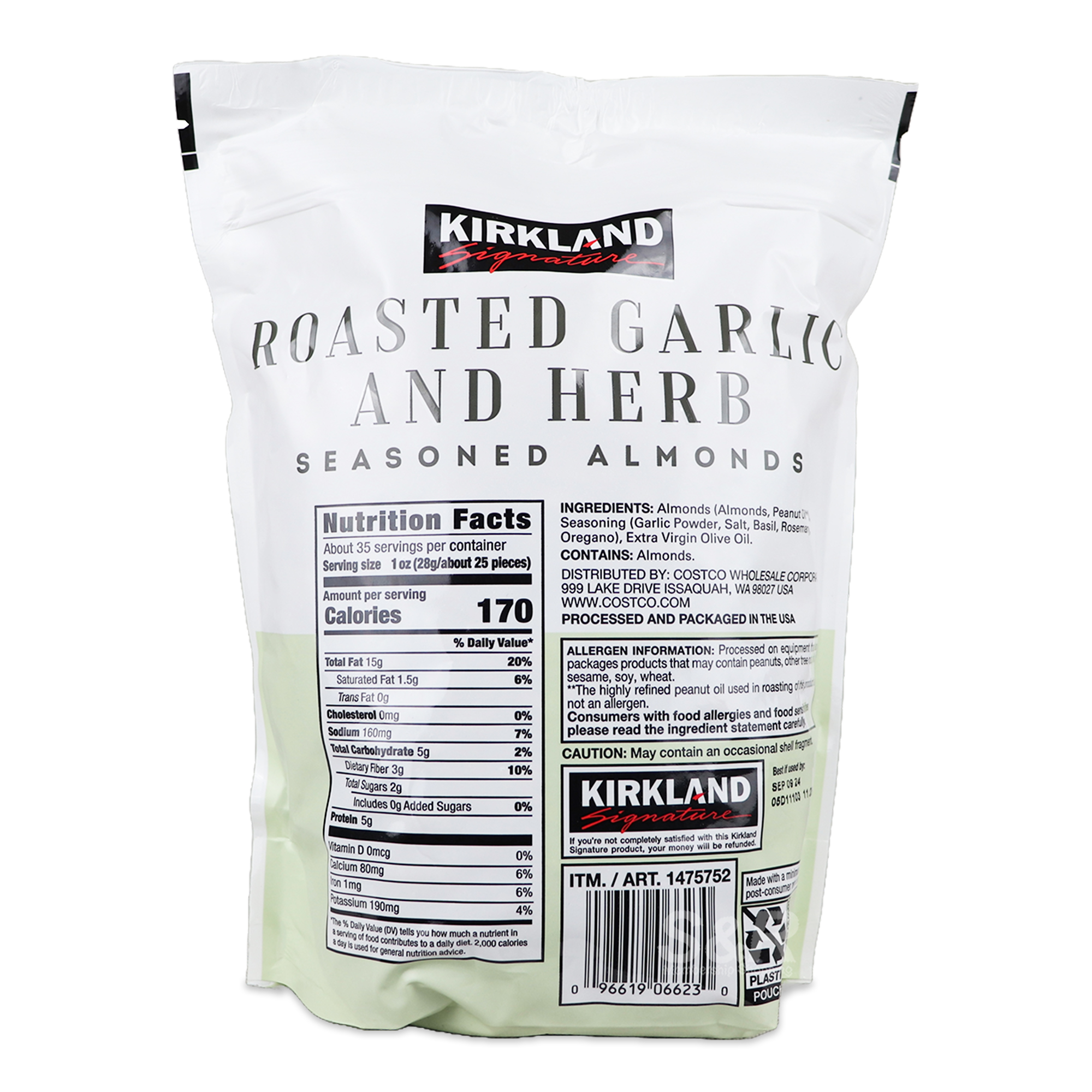 Kirkland Signature Roasted Garlic and Herb Seasoned Almonds 998g